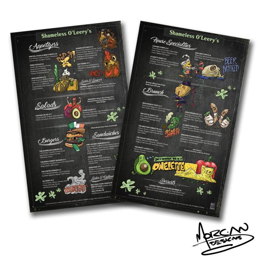 Graphic-Design for Restaurant-Portfolio-Shameless-O'leery's-Menu--Mike-Morgan Designs Redding-Ca